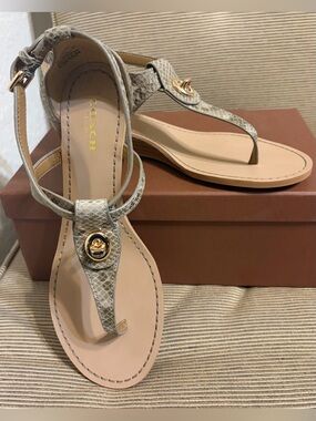 NWT COACH Ingrid Leather Natural Snake Print Thong Wedge Sandals - Sizes 7.5 & 8